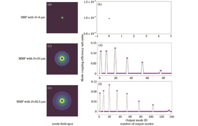 光纤长度为1 km时光纤芯径对模场光斑及模式数量的影响