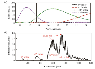 刻线密度为500 line/mm的光栅采集到的HHG光谱分布。(a)理论绝对光栅效率;(b)实验中测量得到的谐波谱