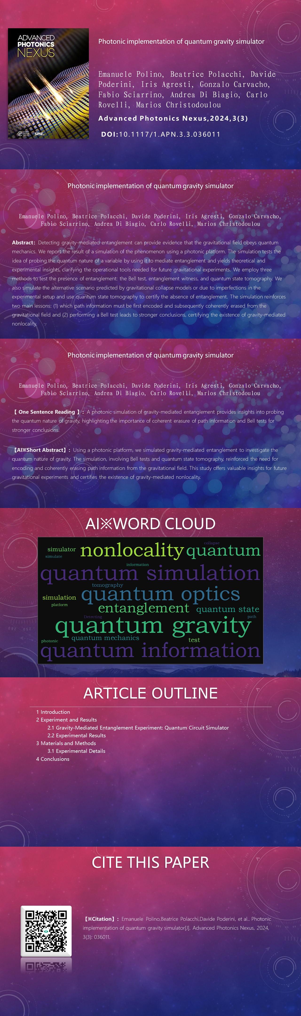 Photonic implementation of quantum gravity simulator